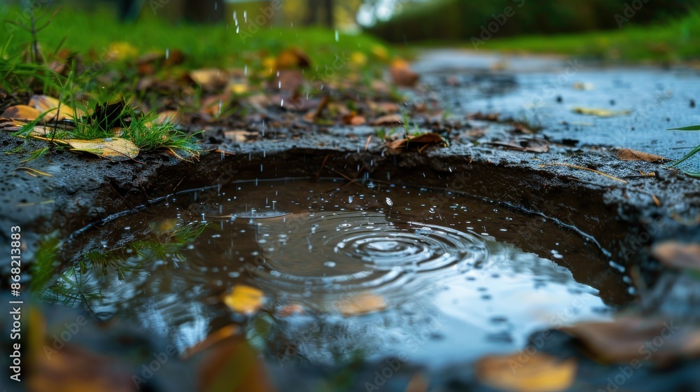 Fototapeta premium A puddle of water has formed in a hole in the ground