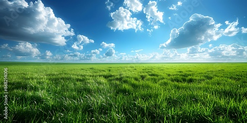A vast green grassland under the blue sky, with clouds scattered in the distance and no trees on it. The background is clean and bright, presenting an endless expanse of emerald-green fields