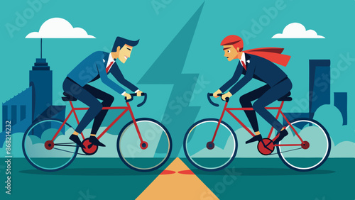 Business team struggling with conflict and disagreement, riding bicycles in opposite directions