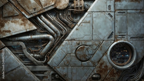 A rusty metal panel with intricate piping and a control panel