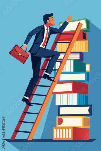Businessman climbs ladder of books to gain knowledge and skills for future career opportunities