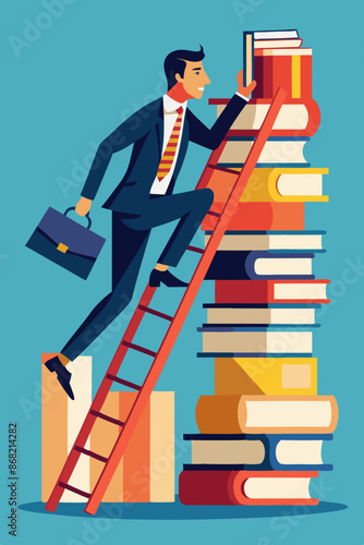 Businessman climbs ladder of books to gain knowledge and skills for future career opportunities