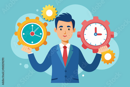 Businessman Combines Clock and Gears, Optimizing Efficiency, Productivity, and Effective Resource Management