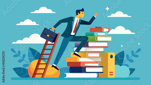 Businessman climbs ladder of books to gain knowledge and skills for future career opportunities