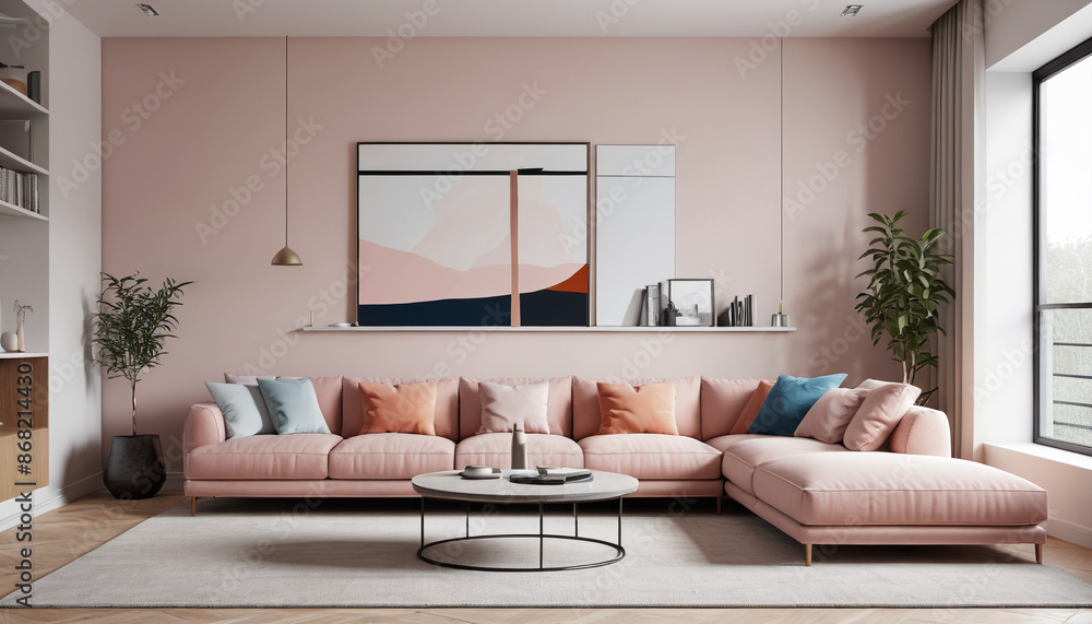 The minimalist living room with a plain wall backdrop and adorned in soft, subtle hues offers a calm and contemporary space for guests to relax and enjoy their stay, Generative AI The minimalist living room with a plain wall backdrop and adorned in soft, subtle hues offers a calm and contemporary space for guests to relax and enjoy their stay, Generative AI