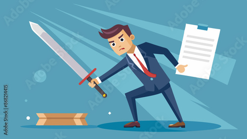 Confident Businessman Severs Contract with Sword, Cancelling Agreement Due to Partnership Breach or Misconduct