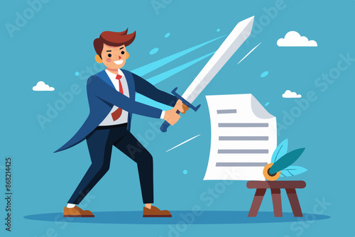 Confident Businessman Severs Contract with Sword, Cancelling Agreement Due to Partnership Breach or Misconduct
