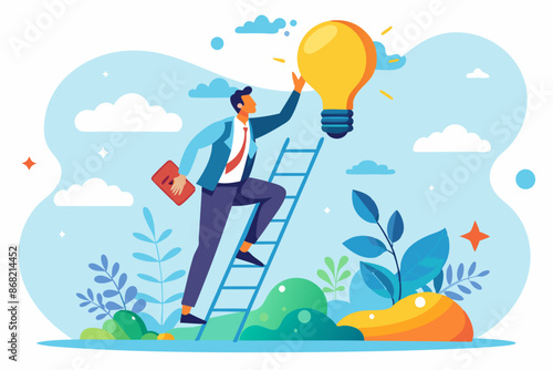Creative Businessman Climbing Ladder to Reach Lightbulb Idea, Finding Inspiration and Imagination for Innovative Work