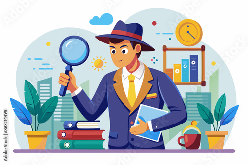Detective Researcher Analyzing Data and Investigating Insights, Discovering Information with Curiosity and Magnifying Glass