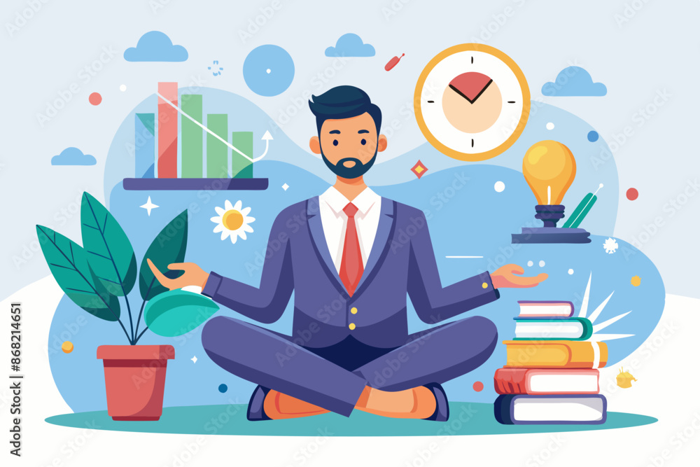 Focused Businessman Meditating amidst Distractions, Maintaining Concentration and Motivation to Achieve Work Targets