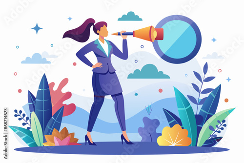 Empowering female leadership: Businesswoman with a vision to lead, promoting gender equality in management, symbolized by a woman standing with a large compass, looking through a spyglass.