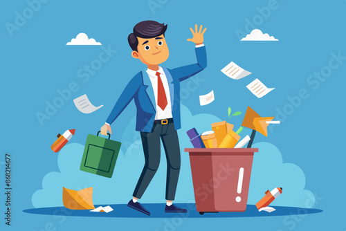 Frustrated businessman discards unworkable ideas into overflowing junk bin