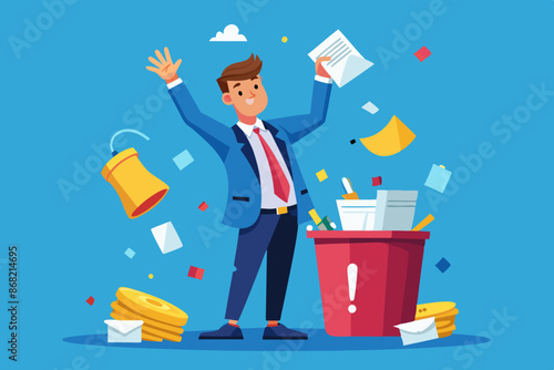 Frustrated businessman discards unworkable ideas into overflowing junk bin