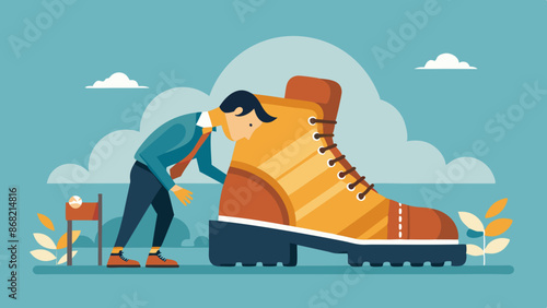 Mismatched Employee Struggling to Fit Oversized Work Shoes, Depicting Job Responsibility and Skill Mismatch