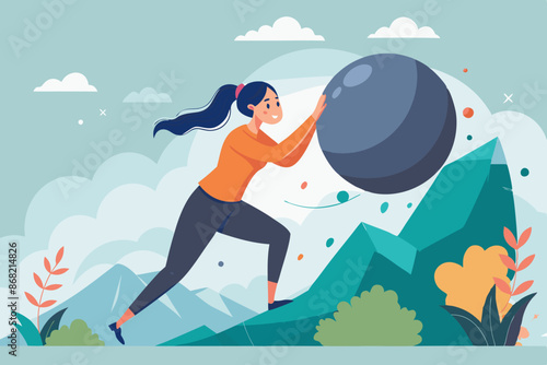 Overcoming Stress and Anxiety: Happy Woman Pushing Messy Chaos Ball Off Cliff, Finding Relaxation and Peace by Reducing Tension and Pressure