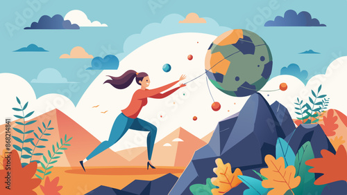 Overcoming Stress and Anxiety: Happy Woman Pushing Messy Chaos Ball Off Cliff, Finding Relaxation and Peace by Reducing Tension and Pressure
