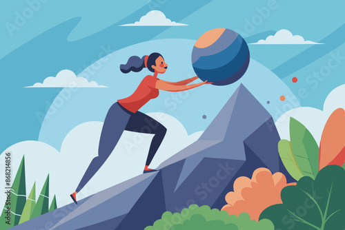 Overcoming Stress and Anxiety: Happy Woman Pushing Messy Chaos Ball Off Cliff, Finding Relaxation and Peace by Reducing Tension and Pressure