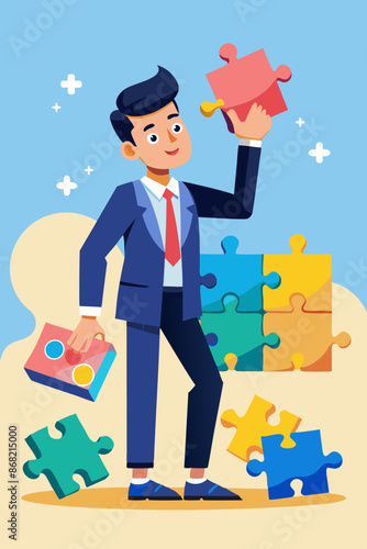 Problem-Solving Mastery: Smart Businessman Assembling Jigsaw Puzzle, Utilizing Creativity and Skills to Overcome Challenges and Achieve Success