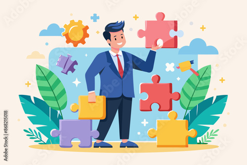 Problem-Solving Mastery: Smart Businessman Assembling Jigsaw Puzzle, Utilizing Creativity and Skills to Overcome Challenges and Achieve Success