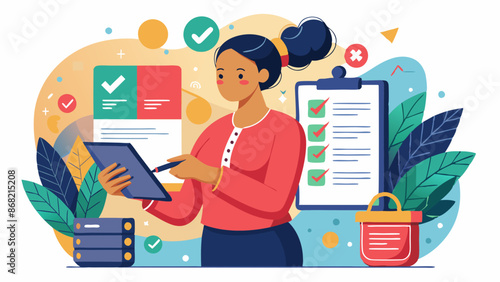 Self-assessment for personal growth and professional improvement: Woman checking achievements on a notepad, evaluating progress towards goals and development.