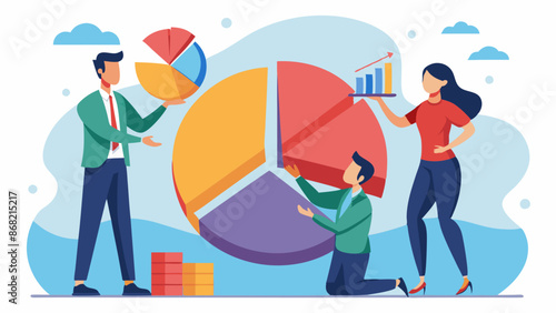 Shareholders Grasping Pie Chart Slices, Representing Company Ownership and Stock Distribution