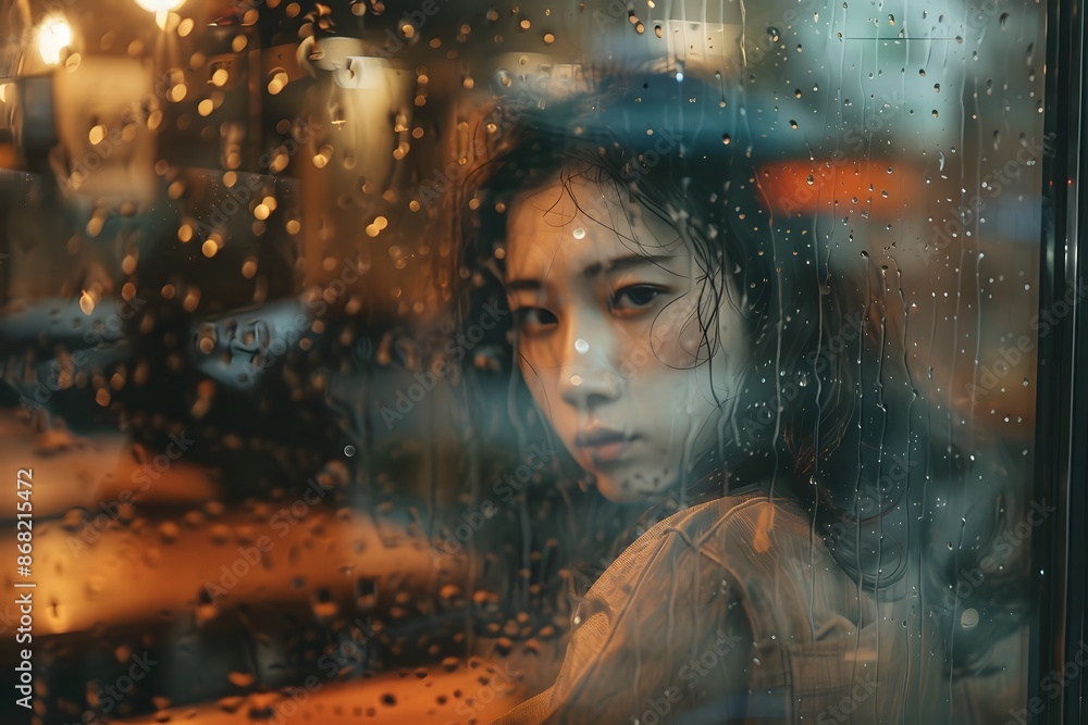 sad woman looking through a rain streaked window, Captivating Rainy Solitude - woman in caffe sad woman looking through a rain streaked window, Captivating Rainy Solitude - woman in caffe