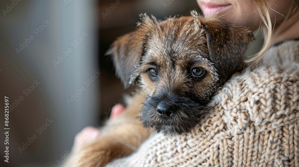 Woman embracing and snuggling with a small Border Terrier dog in her residence. Woman embracing and snuggling with a small Border Terrier dog in her residence.