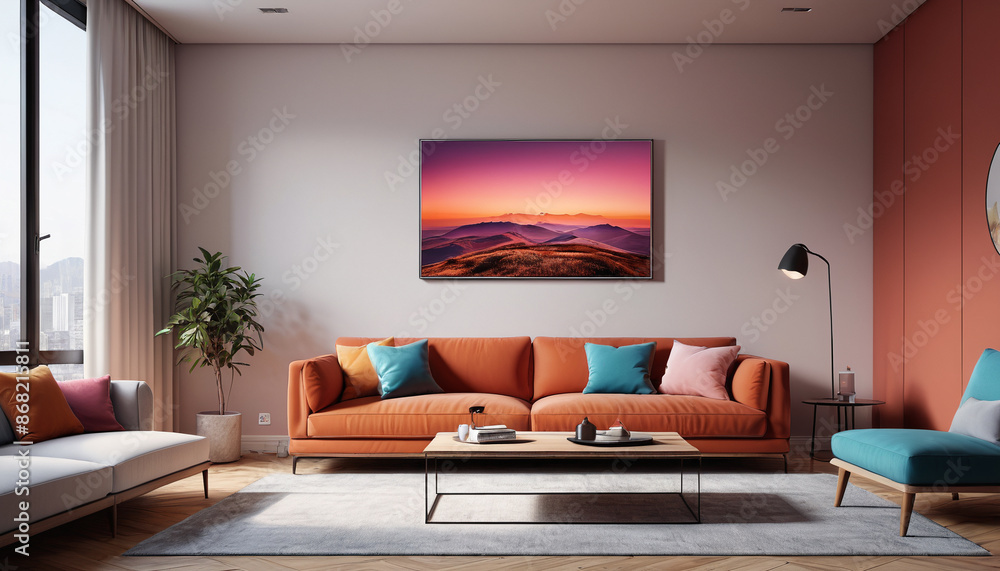 A minimalist living room with a plain wall backdrop, featuring the rich hue of Modern Mi, creates a calm and stylish environment for guests to relax and enjoy their stay, Generative AI A minimalist living room with a plain wall backdrop, featuring the rich hue of Modern Mi, creates a calm and stylish environment for guests to relax and enjoy their stay, Generative AI