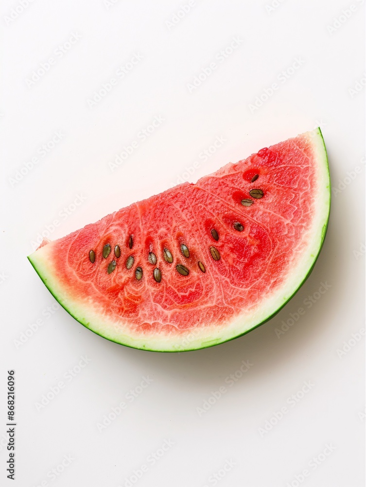 A single slice of watermelon on a plain backdrop. A single slice of watermelon on a plain backdrop.