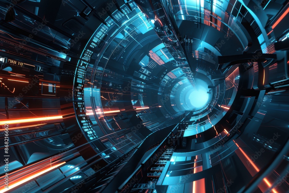 Fototapeta premium Futuristic Technology Tunnel. Abstract background with glowing neon lights and intricate geometric patterns. Perfect for cyberpunk, gaming, or sci-fi projects.