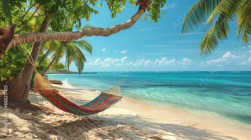 Tropical Beach Paradise with Swaying Palm Trees and Colorful Hammocks-3