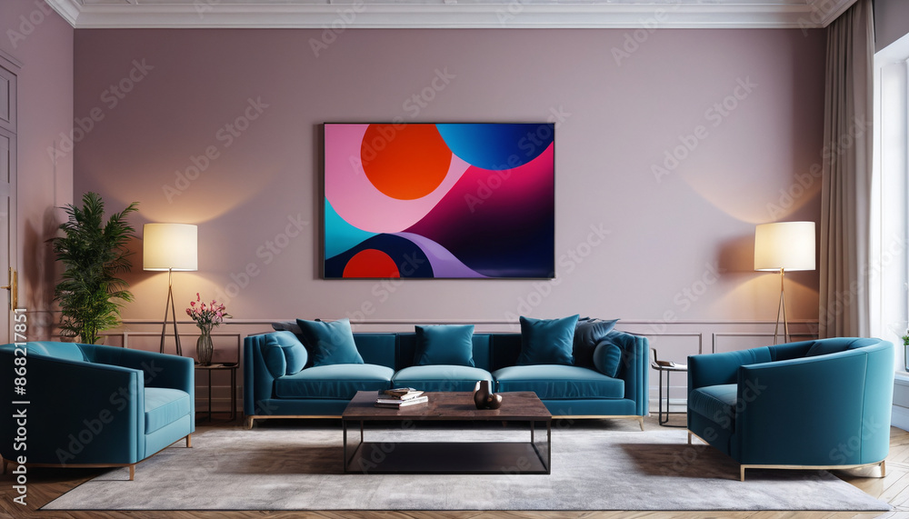 A luxurious living room with an empty wall in the background, featuring elegant furniture and beautiful color schemes, perfect for showcasing artwork or decor, Generative AI A luxurious living room with an empty wall in the background, featuring elegant furniture and beautiful color schemes, perfect for showcasing artwork or decor, Generative AI
