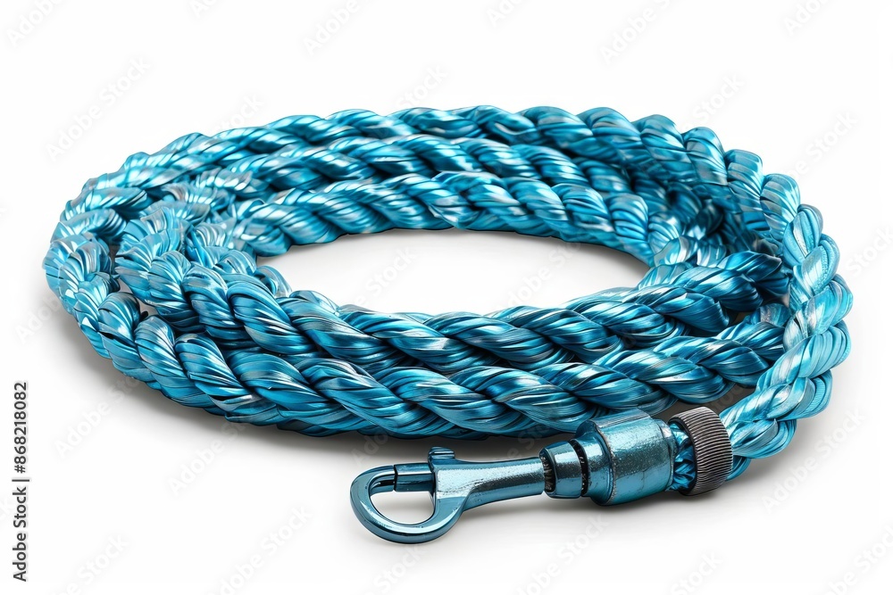 Strong blue twisted nylon rope with a carabiner, white background Strong blue twisted nylon rope with a carabiner, white background