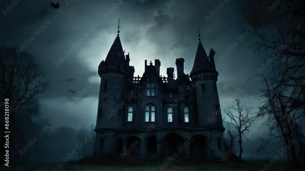 dark, foreboding castle sits under a stormy night sky, with its windows glowing ominously. Barren trees surround the castle, adding to the spooky and mysterious atmosphere dark, foreboding castle sits under a stormy night sky, with its windows glowing ominously. Barren trees surround the castle, adding to the spooky and mysterious atmosphere