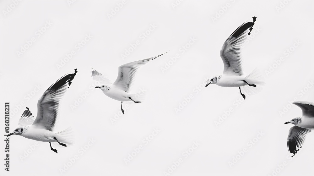 Obraz premium Monochromatic seagulls soaring against a blank backdrop.