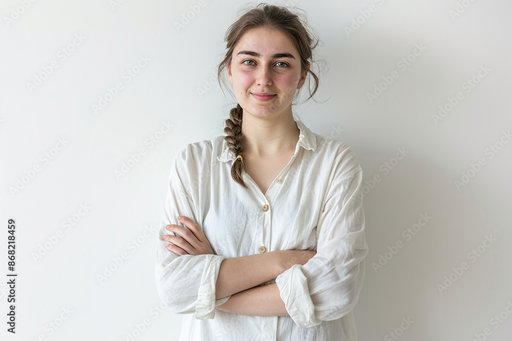 Smiling young professional business woman wearing business smart casual clothes posing isolated on white wall background with copy space Smiling young professional business woman wearing business smart casual clothes posing isolated on white wall background with copy space