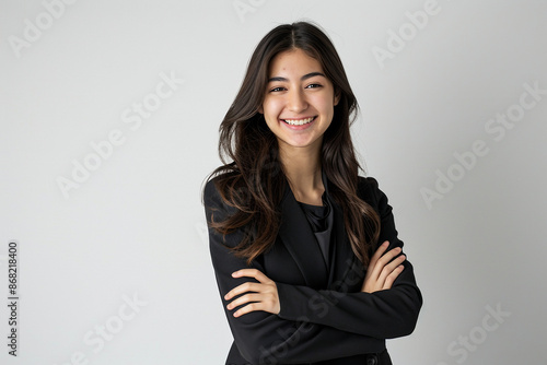 Smiling young Asian professional business woman wearing business smart casual clothes posing isolated on white wall background with copy space © MashMash