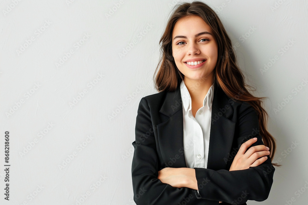 Smiling young professional business woman wearing business smart casual clothes posing isolated on white wall background with copy space Smiling young professional business woman wearing business smart casual clothes posing isolated on white wall background with copy space