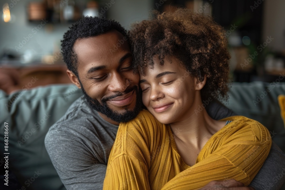 Fototapeta premium Happy couple embracing each other on comfortable sofa at home
