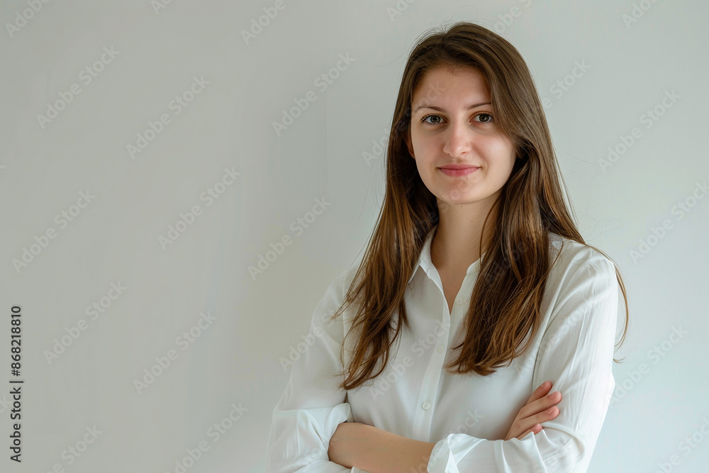 Smiling young professional business woman wearing business smart casual clothes posing isolated on white wall background with copy space Smiling young professional business woman wearing business smart casual clothes posing isolated on white wall background with copy space