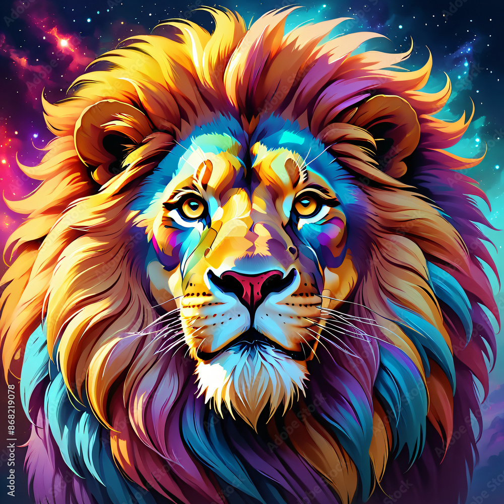 Colorful lion head in pop art style. Generative AI. Colorful lion head in pop art style. Generative AI.
