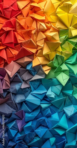 Colorful Paper Origami Triangles Arranged In Rainbow Pattern