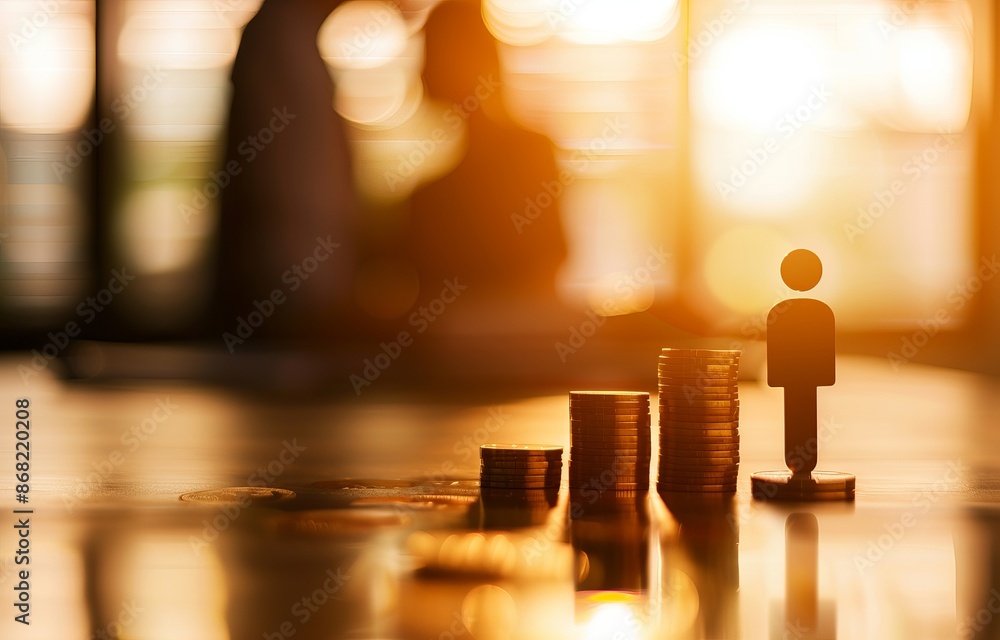 Silhouette of a person figurine next to stacks of coins with golden sunlight in the background. Represents finance and success. Silhouette of a person figurine next to stacks of coins with golden sunlight in the background. Represents finance and success.