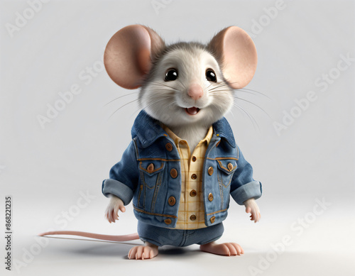 Cute little mouse in the jeans, słodka mała w kurtce jeansowej, animacja, grafika, 3d