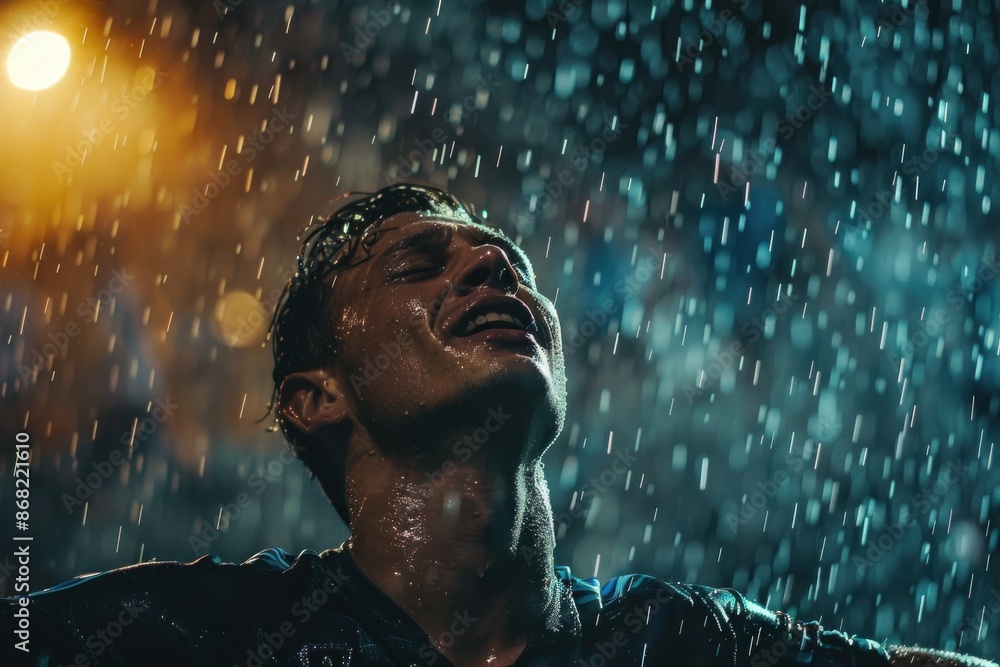 Young soccer player celebrating victory under heavy rain Young soccer player celebrating victory under heavy rain
