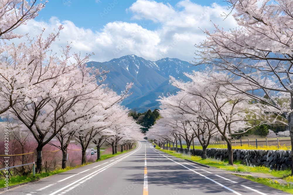 Fototapeta premium Cherry Blossoms Framing a Mountain Road