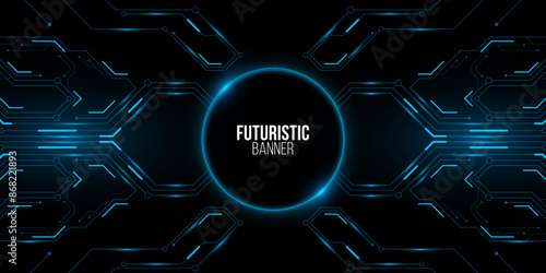 Futuristic hi-tech banner design. Glowing sci-fi HUD with computer circuit board. Modern technology background. Vector illustration. EPS 10