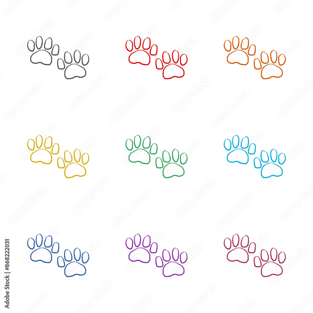 Paw print hand drawn icon isolated on white background. Set icons colorful Paw print hand drawn icon isolated on white background. Set icons colorful
