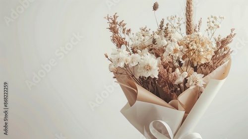 Bouquet of dried flowers and grasses in muted tones of beige and cream is wrapped in brown paper and tied with a string, The bouquet is held against a neutral background. 