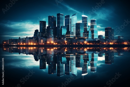 Nighttime panorama of city skyline with financial towers and contemporary skyscrapers © Inna